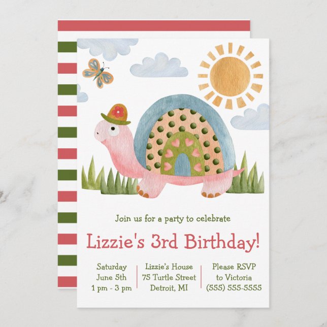 Convite de aniversário de Tartaruga Whimsical (Frente/Verso)