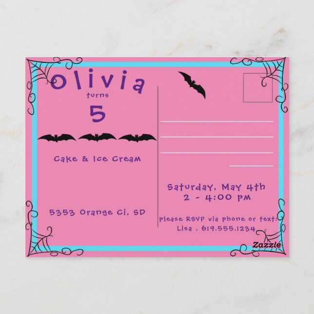 Convite de Aniversário de Teia de Aranha e Morcego (Verso)