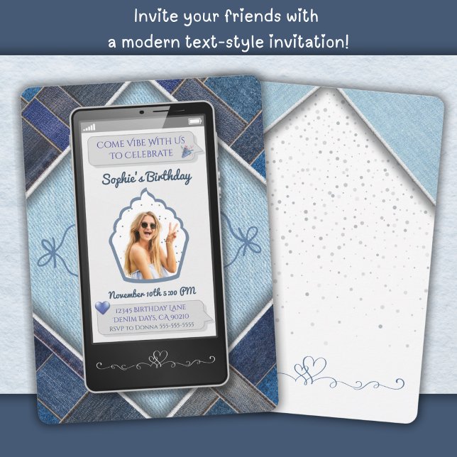 Convite de aniversário de telefone celular Trendy  (Trendy Blue Denim Cell Phone Birthday Invitation)