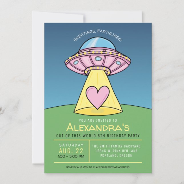 Convite de Aniversário de Tema Alien com UFO Rosa (Frente)