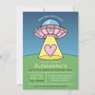 Convite de Aniversário de Tema Alien com UFO Rosa