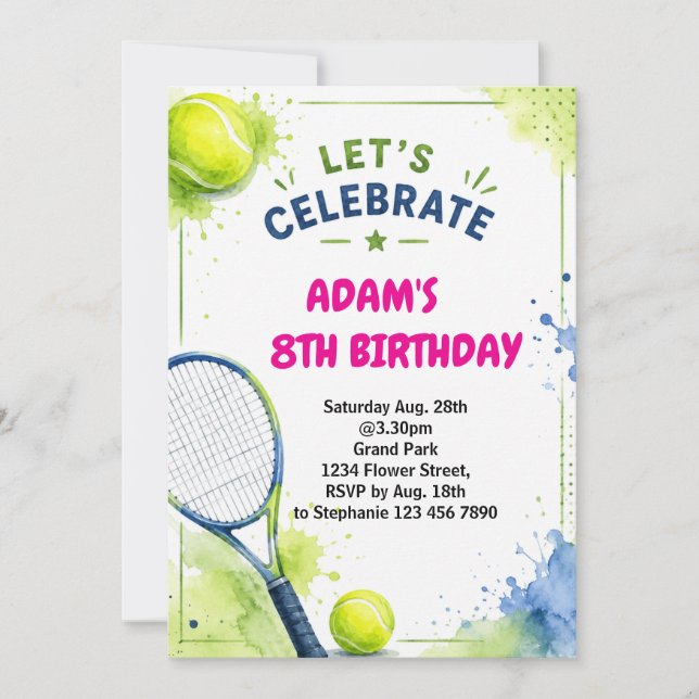 Convite de Aniversário de Tênis em Aquarela Design (Frente)