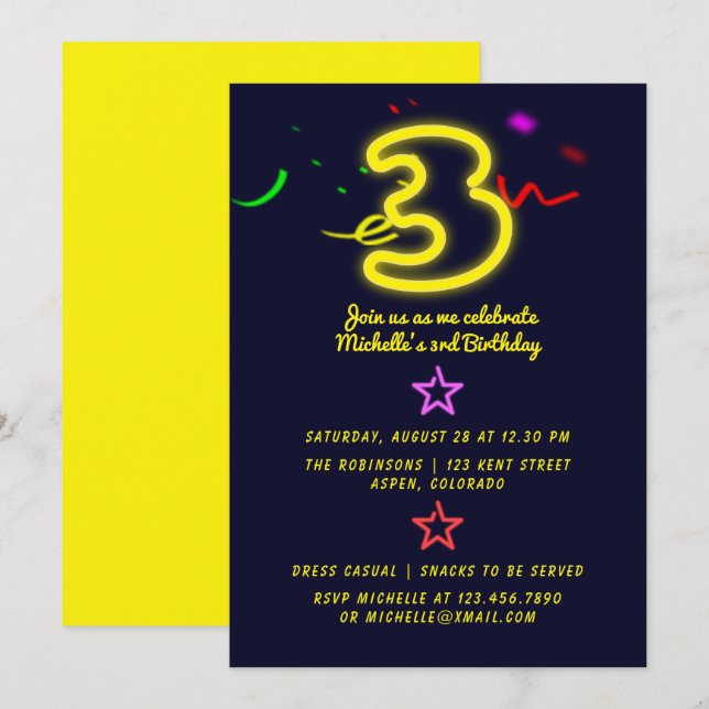 Convite de Aniversário de Terceiro Aniversário com (Frente/Verso)
