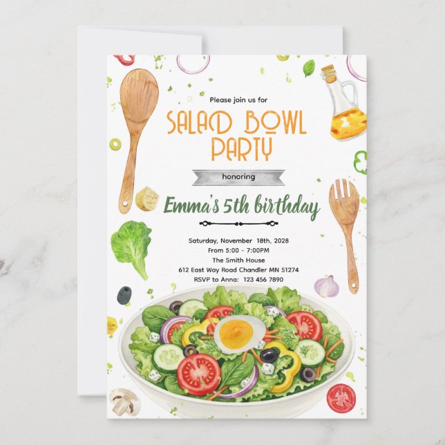 convite de aniversário de tigelas de salada (Frente)