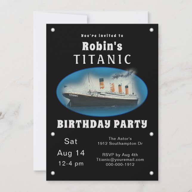 Convite de aniversário de Titanic Black Birthday (Frente)