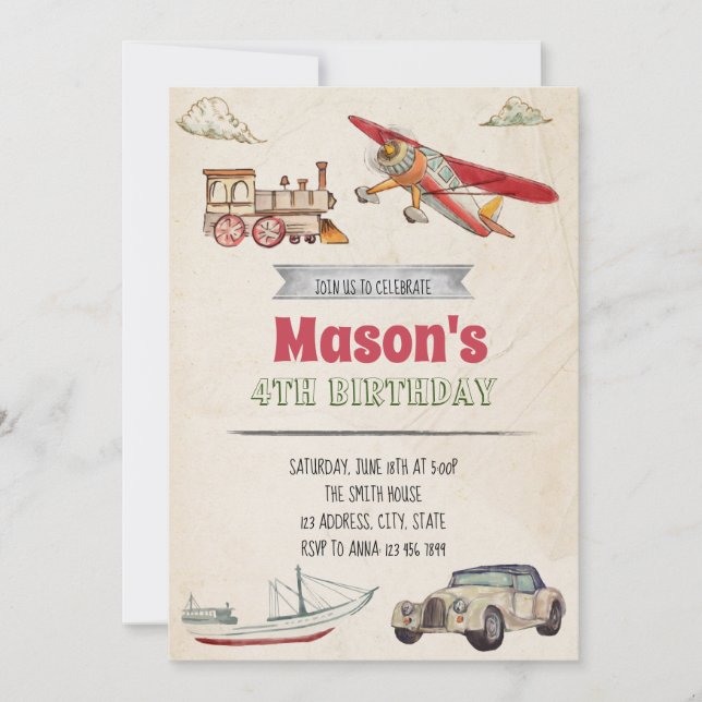 Convite de aniversário de transporte (Frente)