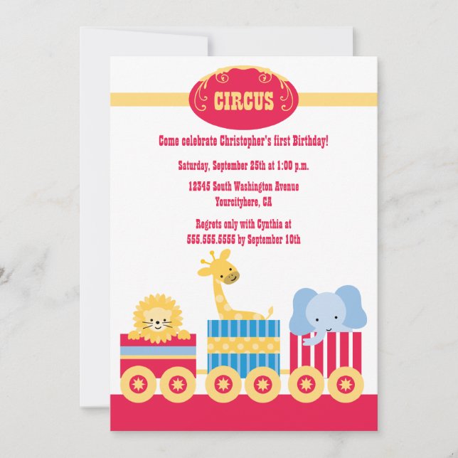 convite de aniversário de trem de circo infantil (Frente)