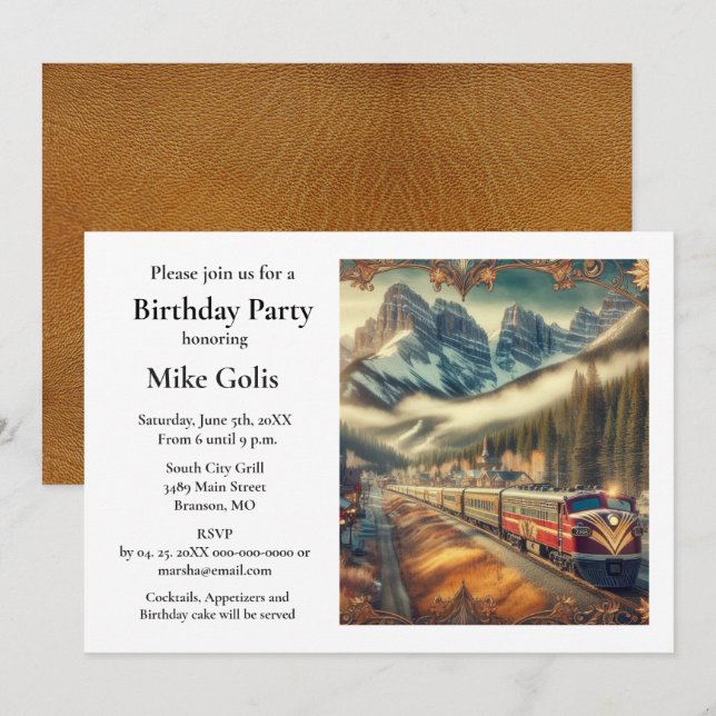 Convite de Aniversário de Trem em Aquarela Vintage (Frente/Verso)