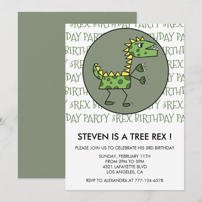 Convite de aniversário de três anos do rex dinossa (Frente/Verso)