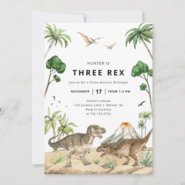 Convite de Aniversário de Três Dinossauros Rex (Frente)