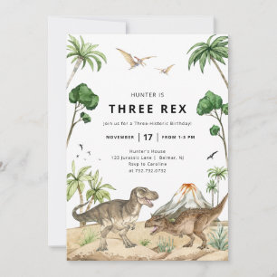 Convite de Aniversário de Três Dinossauros Rex
