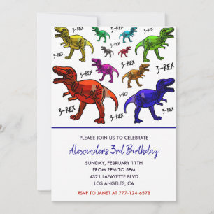 Convite de aniversário de três rex colorido menino