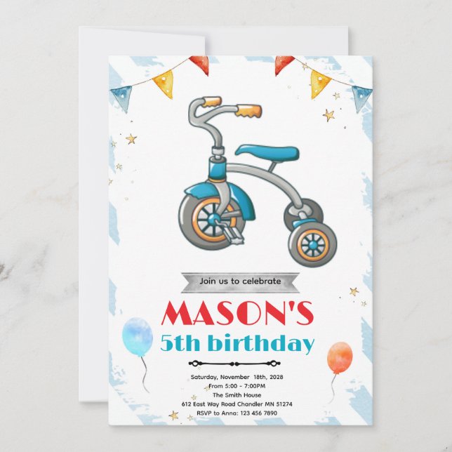 convite de aniversário de triciclo (Frente)