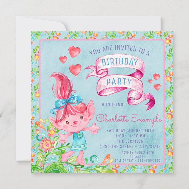 Convite de Aniversário de Troll com Aquarela Fofa (Frente)