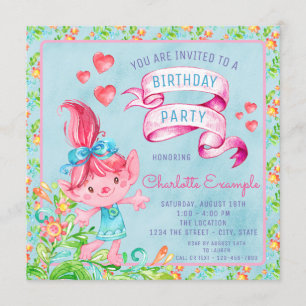 Convite de Aniversário de Troll com Aquarela Fofa