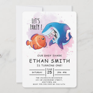 Convite de Aniversário de Tubarão em Aquarela Fofa