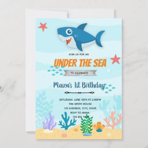 Convite de aniversário de tubarão sob o mar