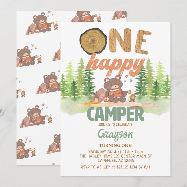 Convite de Aniversário de Um Acampador Feliz (Frente/Verso)