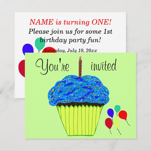 Convite de Aniversário de Um Ano Balões Cupcake Az (Frente/Verso)