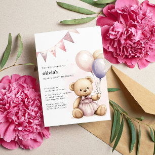 Convite de Aniversário de Um Ano Bear-Y Fofo Rosa