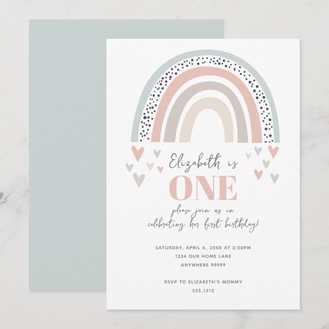 Convite de Aniversário de Um Ano Boho Arco-Íris (Frente/Verso)