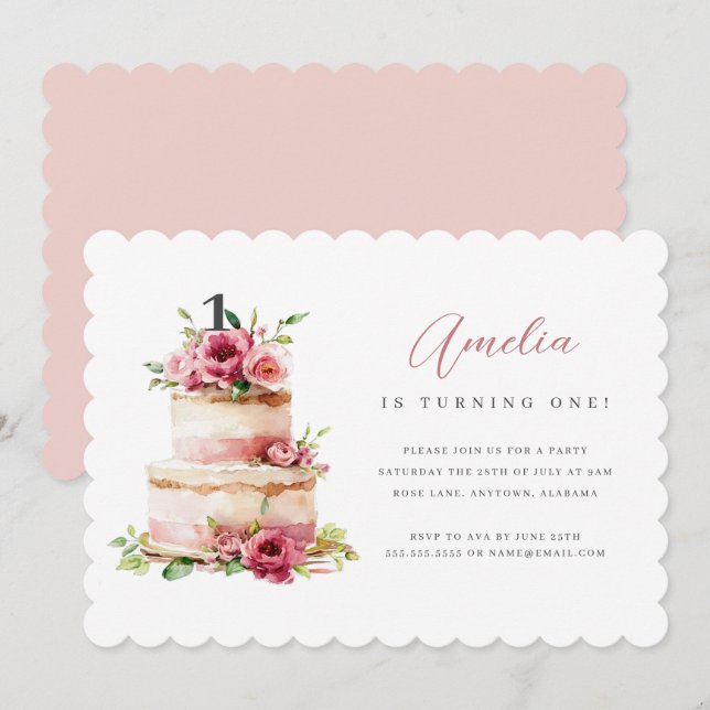 Convite de Aniversário de Um Ano com Bolo Floral R (Frente/Verso)