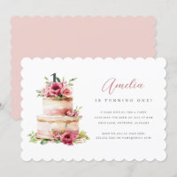 Convite de Aniversário de Um Ano com Bolo Floral R