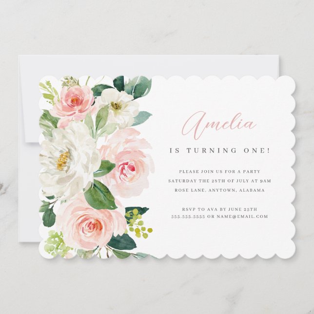 Convite de Aniversário de Um Ano com Floral Rosa (Frente)