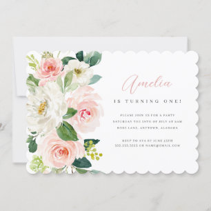 Convite de Aniversário de Um Ano com Floral Rosa