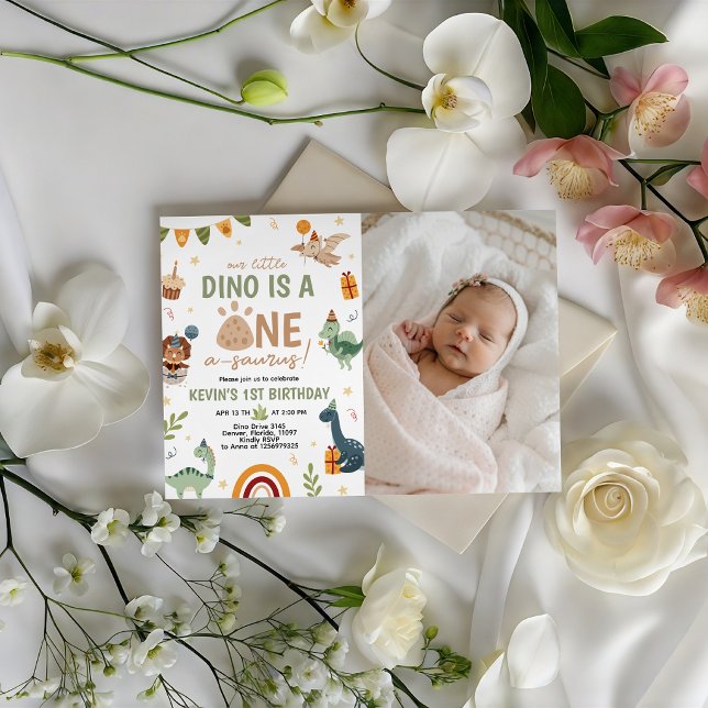 Convite de Aniversário de Um Ano com Foto de Dino  (Criador carregado)