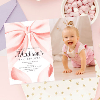 Convite de Aniversário de Um Ano com Laço Rosa em 