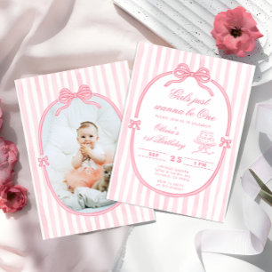 Convite de Aniversário de Um Ano com Laço Rosa par