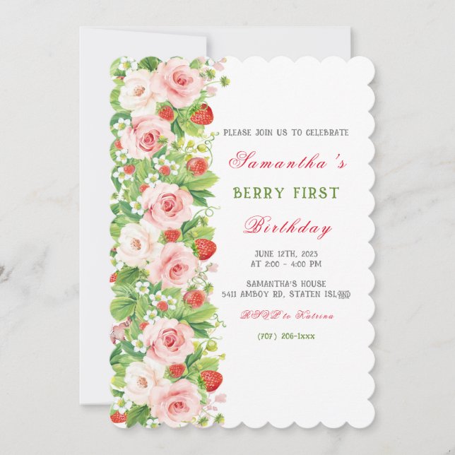 Convite de Aniversário de Um Ano com Morango (Frente)