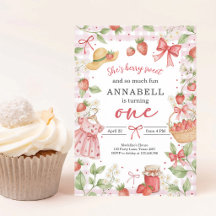 Convite de Aniversário de Um Ano com Morango Doce 