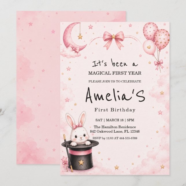 Convite de Aniversário de Um Ano com Nuvens Rosa S (Frente/Verso)