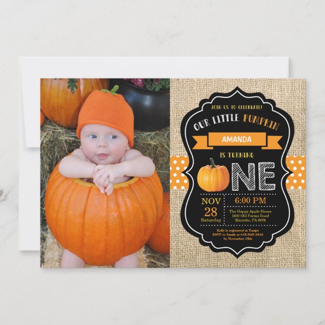 Convite de Aniversário de Um Ano da Abóbora Laranj (Frente)