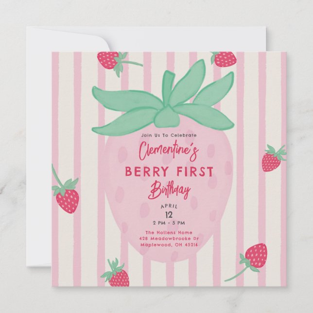 Convite de Aniversário de Um Ano da Menina Berry (Frente)