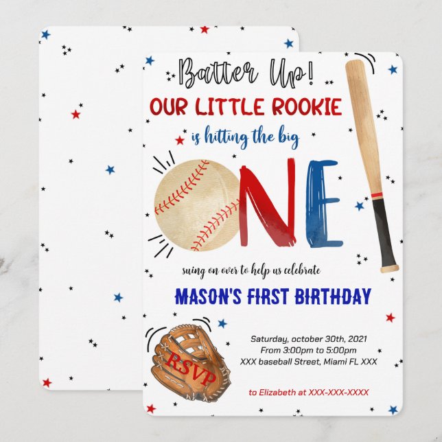 Convite de Aniversário de Um Ano de Beisebol (Frente/Verso)
