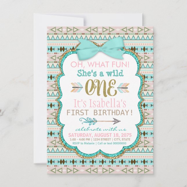 Convite de Aniversário de Um Ano de Menina Tribal (Frente)