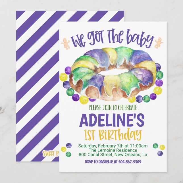 Convite de Aniversário de Um Ano do Bebê Mardi Gra (Frente/Verso)