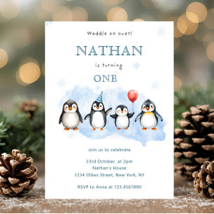 Convite de Aniversário de Um Ano do Pinguim de Inv