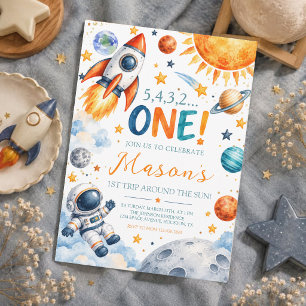 Convite de Aniversário de Um Ano Menino Espaço Aqu