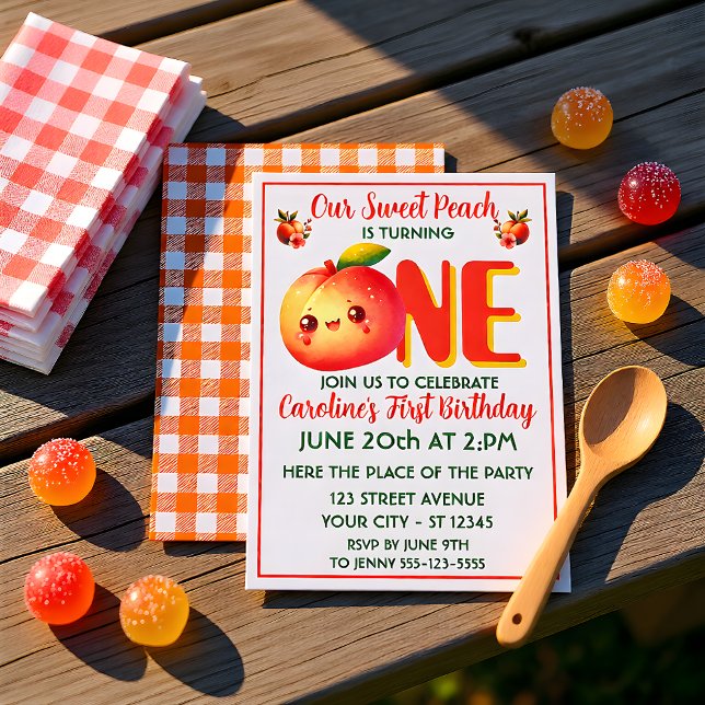Convite de Aniversário de Um Ano One Sweet Peach (Criador carregado)