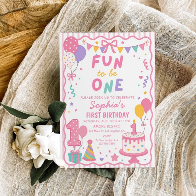 Convite de Aniversário de Um Ano Pink Fun to Be On (Criador carregado)
