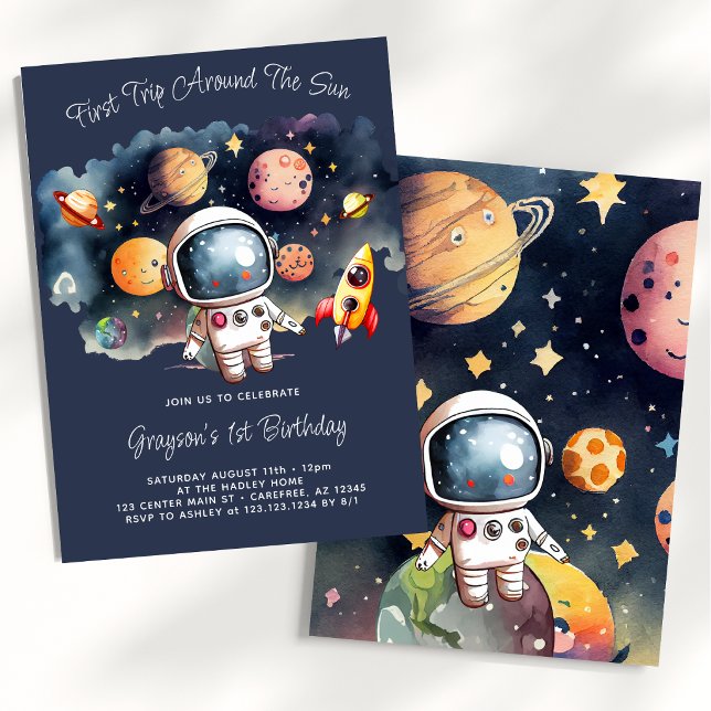 Convite de Aniversário de Um Ano Planetas Espaço A (Criador carregado)