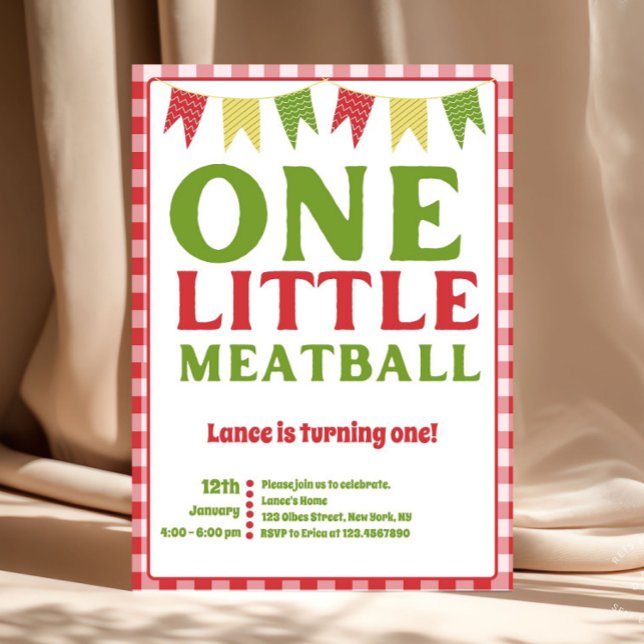 Convite de Aniversário de Um Ano 'Uma Pequena Almô (One Little Meatball First Birthday Invitation | Italian Theme Birthday Party | Red & Green Pasta Par)