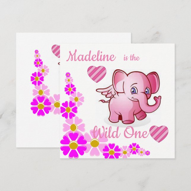 Convite de Aniversário de Um Ano Wild One Elefante (Frente/Verso)