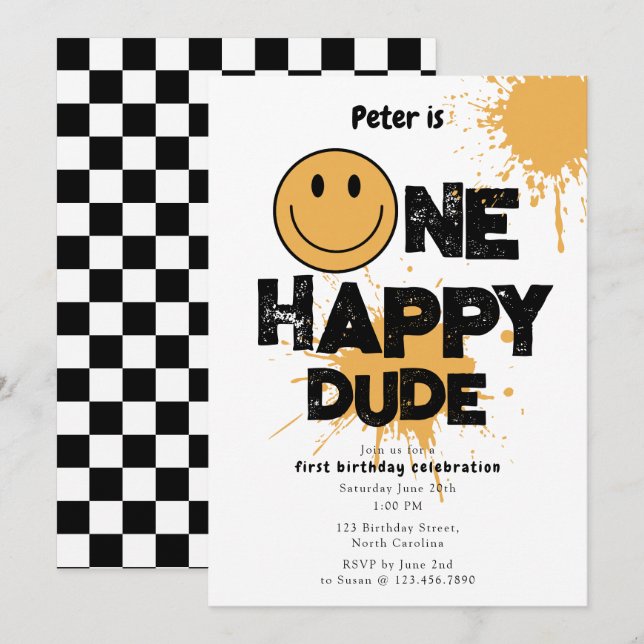 Convite de Aniversário de Um Cara Feliz para 1º An (Frente/Verso)