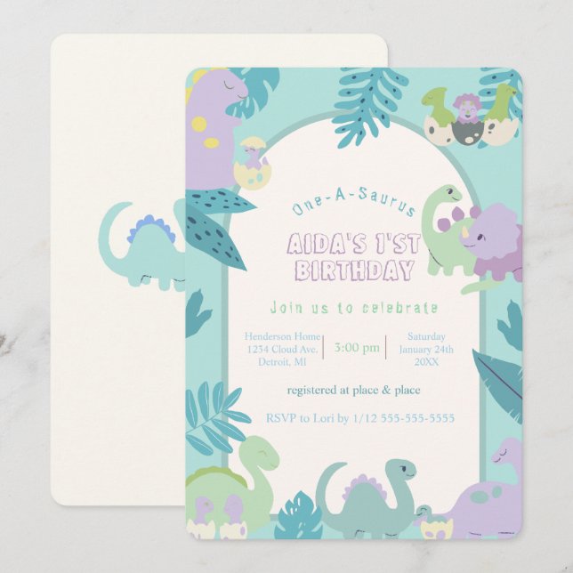 Convite de aniversário de um dinossauro A-Saurus (Frente/Verso)