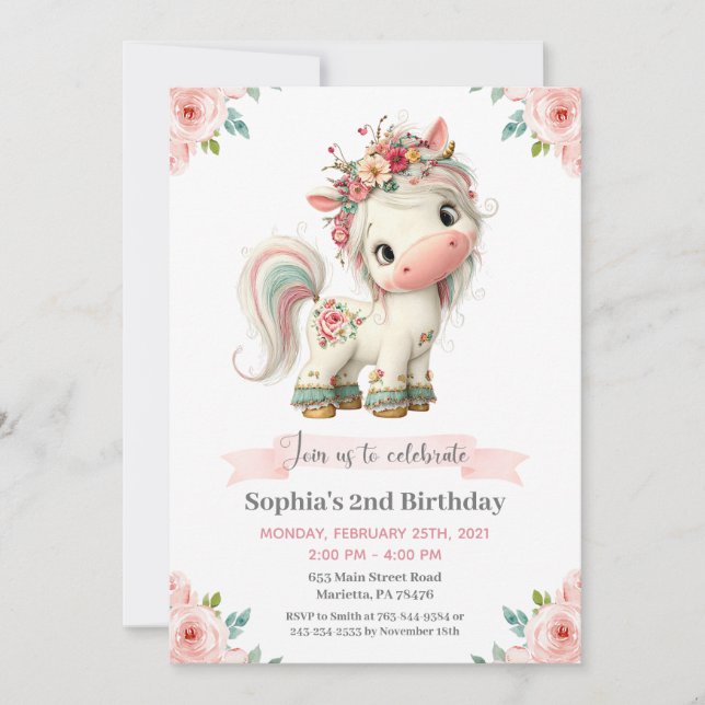 Convite de Aniversário de Unicórnio Bebê Menina (Frente)